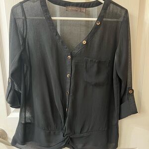 The Limited Black Semi-Sheer Button Front Tie-Hem Blouse